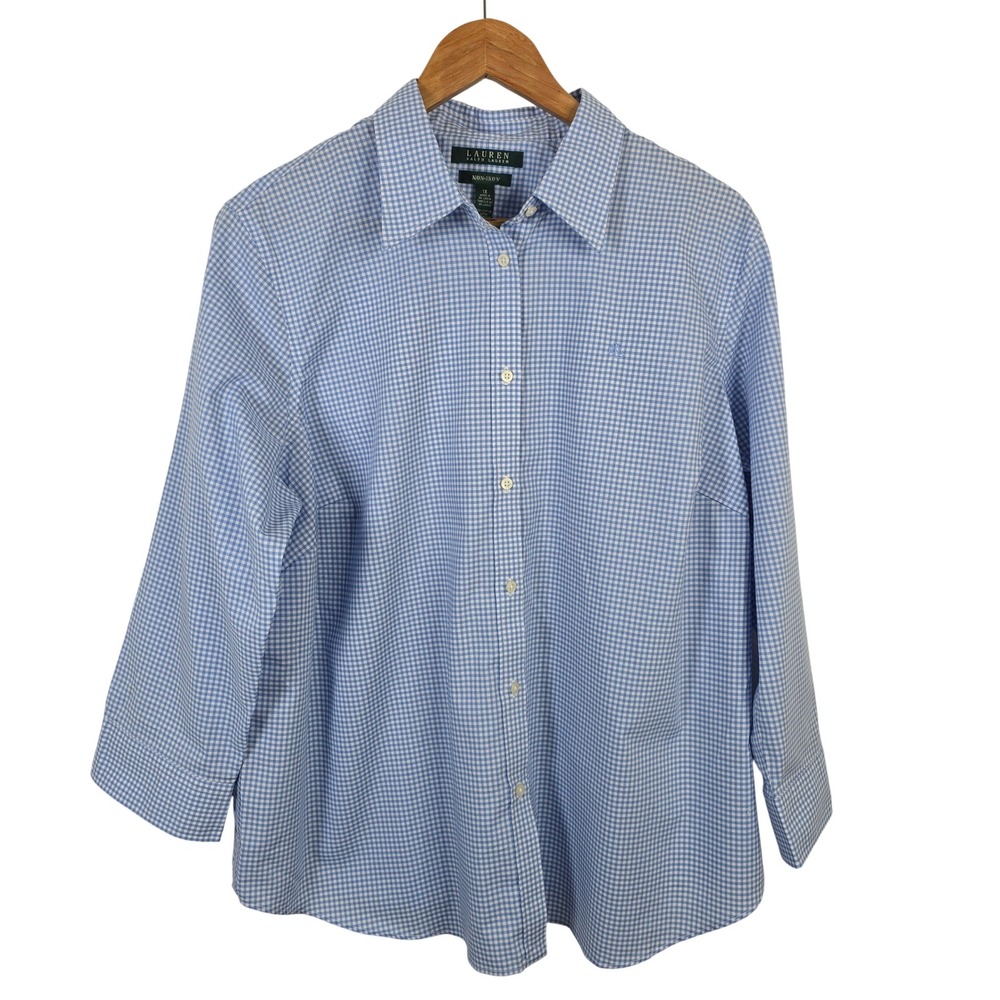 Lauren Ralph Lauren Blue Gingham Non-Iron Button Down Shirt 1X 3/4 Sleeve